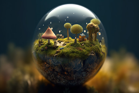 抽象小树下草地上小房子水晶球图片