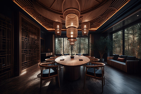 现代中式家具具有禅意元素木质桌椅的现代中餐厅背景