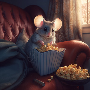 一只老鼠坐在沙发上吃爆米花图片