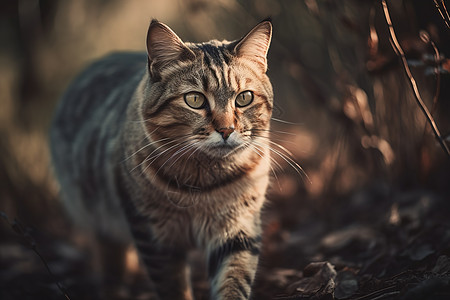 树林里的猫写实行走的狸花猫背景