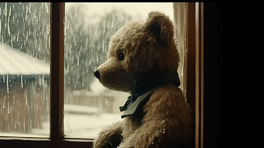 窗外下雪泰迪熊坐在窗户上高清图片