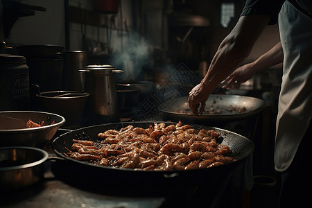 男厨师在厨房烹饪鲜虾美食图片