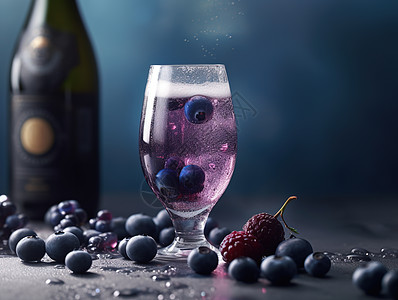 有泡香槟酒蓝莓酒背景桌面上有泡着蓝莓的杯子背景