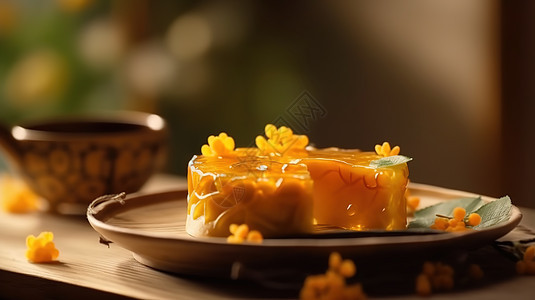中国风格桂花蛋糕在陶瓷盘子上图片