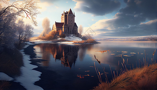 油画冬天城堡图片
