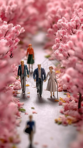 情侣走在盛开花朵的路上图片