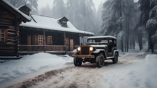 雪中森林老式越野汽车图片