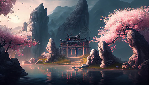 中式油画概念风景图片