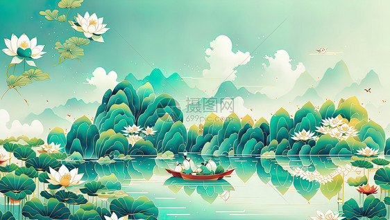 泛舟在荷花盛开的湖上图片
