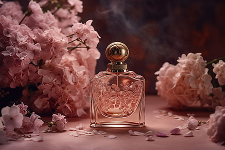 瓶身粉色花朵背景的香水背景