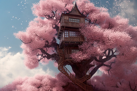 樱花树上的建筑房屋图片