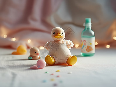 奶瓶旁地板上的玩具鸭子图片
