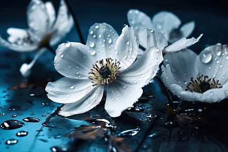 蓝色背景白色的花朵图片