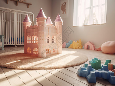 阳光下的婴儿房里的玩具城堡图片