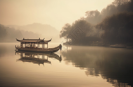 湖面行驶的古代木船背景图片