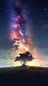 星空璀璨天空下的树木图片