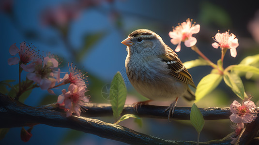 手绘桃树枝桃树枝上的可爱小鸟背景