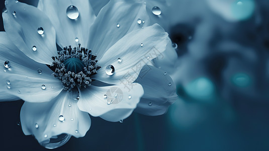 蓝色背景下白色花朵图片