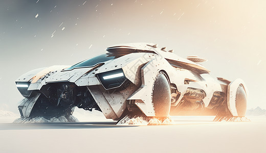 白色科幻汽车在暴雪行驶的图片
