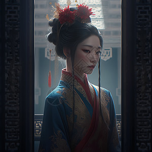 一个穿蓝色亚洲服装的女人图片