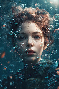 被泡泡包围的水下女人图片