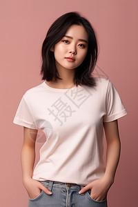 粉色背景下穿着体恤衫的中国美女图片