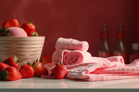 浴室里桌子上放着粉色毛巾图片