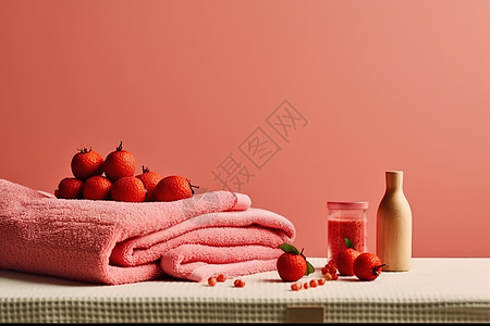 浴室里桌子上放着毛巾和草莓图片