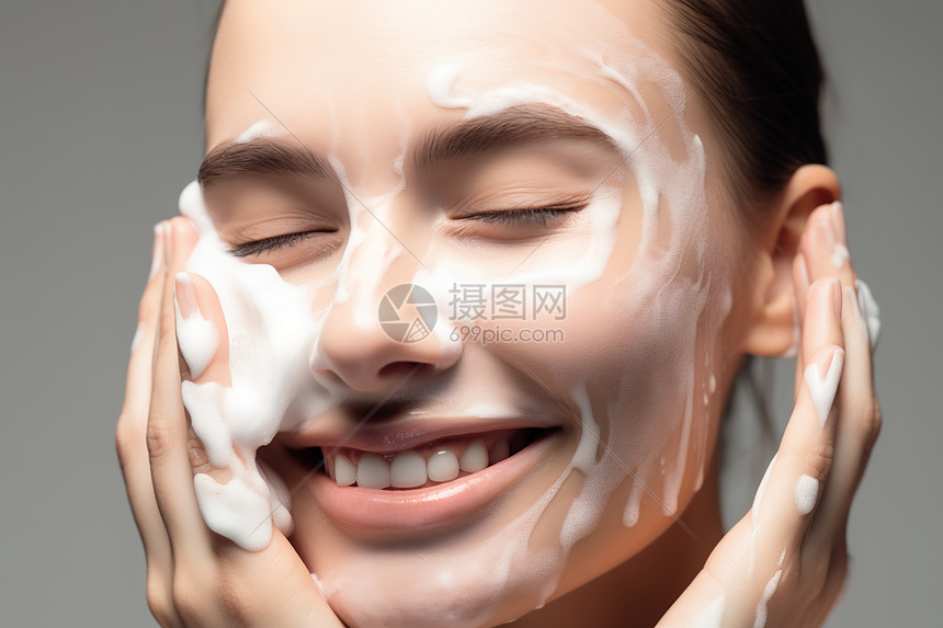 女人用泡沫洗脸图片