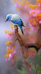 蓝色小鸟站在粉色树枝上图片