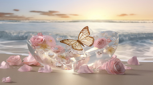 海边的蝴蝶和花瓣图片