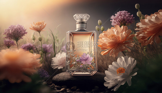 花朵从中优雅的香水瓶图片