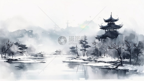 水墨水彩冬天雪景建筑中国风景场景图片
