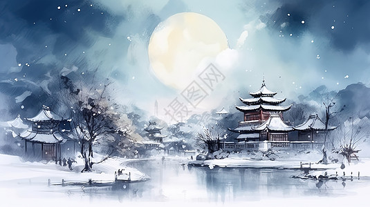 雪景水墨水彩建筑中国风景场景高清图片