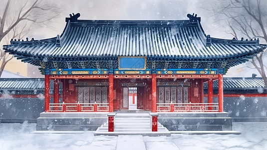 水彩水墨古建筑雪景中国风景图片
