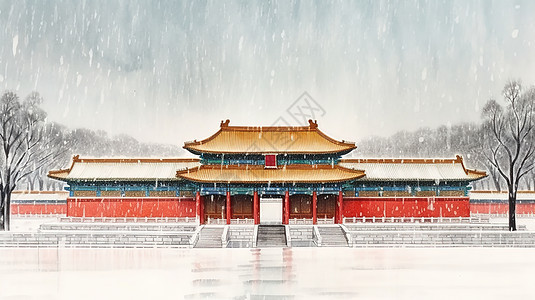 水彩水墨古建筑雪景中国风景图片