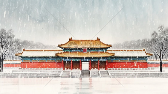 水彩水墨古建筑雪景中国风景图片