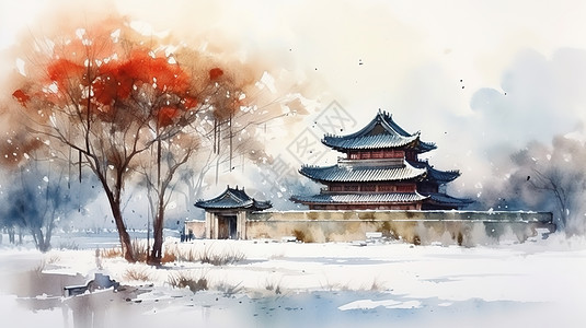 水彩水墨雪景中国风古建筑图片