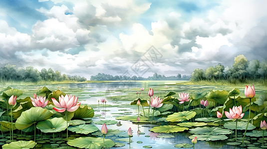 水墨水彩晕染中国夏天荷花湖泊风景背景图片