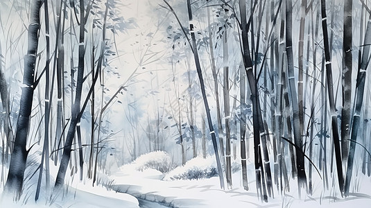 水墨水彩晕染冬天中国竹林风景图片