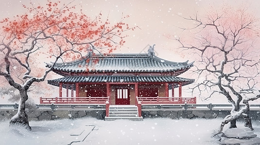 冬天雪景中国古建筑水墨水彩晕染风景图片