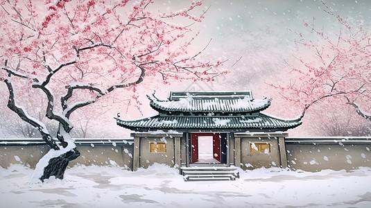 中国古建筑水墨水彩晕染风景图片