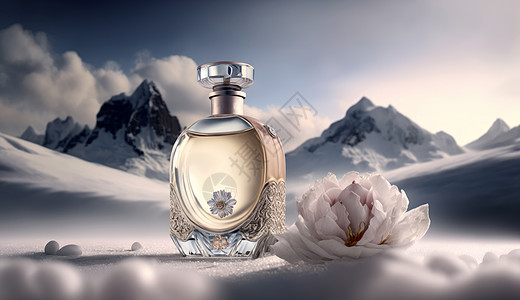 在雪山上的欧式香水与花朵图片