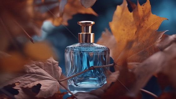 枫叶与透明香水瓶结合图片