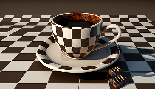 棋盘格咖啡杯子与桌布图片