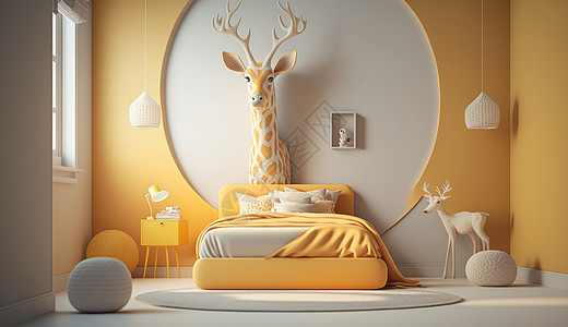 小鹿淡黄色动物主题卧室设计背景图片