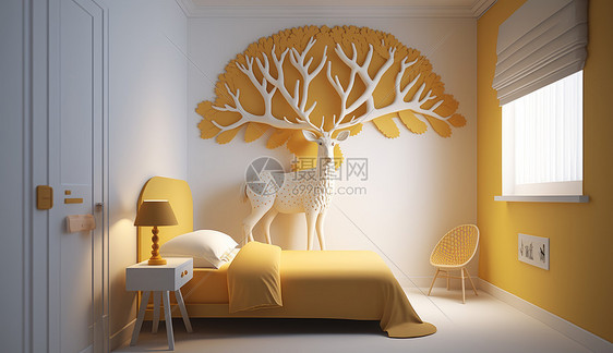 淡黄色小鹿主题儿童卧室设计图片