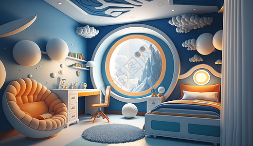 圆形地毯蓝色梦幻星球主题儿童卧室插画