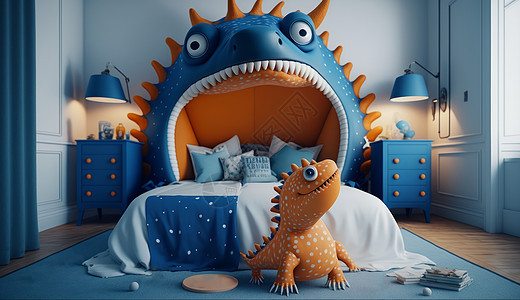 蓝色恐龙主题儿童卧室图片
