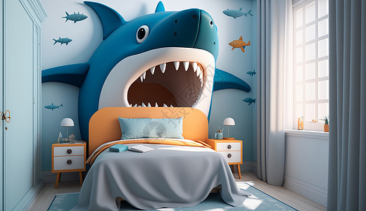 蓝色鲨鱼主题儿童房间图片